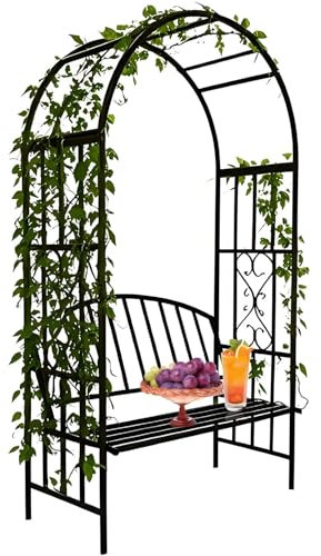 Generisch Außenbereich gartenbank, rosenpavillon, rosenbogen mit Bank In Schwarz 114x210cm Rankbogen, Torbogen Rankhilfe für Kletterpflanzen Und Rosen, Gartenbogen stabil