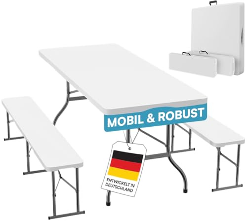 STEELSØN Zennar Bierzeltgarnitur 3-TLG Weiß – Gartenmöbel Set mit Klapptisch & 2X Bank – Biertischgarnitur klappbar aus Kunststoff – Festzeltgarnitur mit Tragegriffen – Sitzgarnitur für 8 Personen