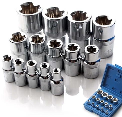 Juego de 14 llaves de vaso Torx de acero CR-V para 1/2, 1/4, 3/8 pulgadas, juego de llaves de vaso E4-E24 hexagonales con caja de almacenamiento