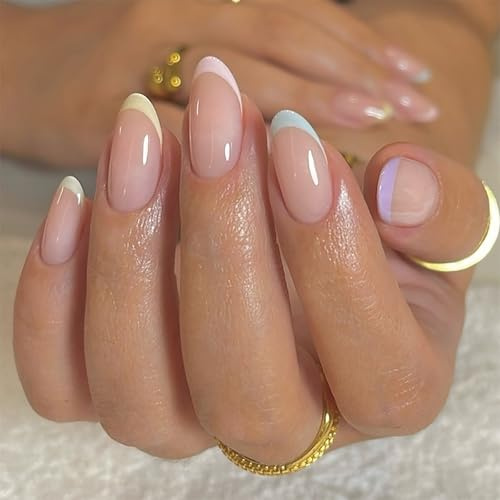 24PCS Long False Nails French Tip - 5 Colors French Tip Press on Nails - Almond Fake nails with Glue - Elegant Stick on Nails for Women Girls - Long Lasting Acrylic Nail Tips for DIY Nail Art