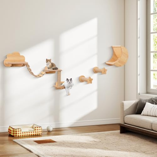 COSTWAY 6 PCS Kletterwand Katzen, 2-stufiger Kratzbaum mit Plattformen, Hängematte, Brücke, Kratzpfosten & Ball, Katzenbaum Wand, Katzentreppe Kletterbaum Holz, Katzenmöbel Natur