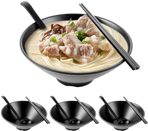 LOPYXBR Lot de 4 bols à ramen japonais - 1000 ml - En mélamine - Avec cuillère et baguettes - Passe au lave-vaisselle - Durable - Pour ramen, pâtes, buldak ramen, salade