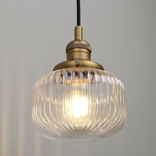 JIMUBEAM Industrial Style Ceiling Pendant Light with Clear Ribbed Glass | Glass Lampshade, Metal Base, Retro Rustic Hanging Lamp Fixture for Kitchen Island, Living Room, Bedroom, Hallway