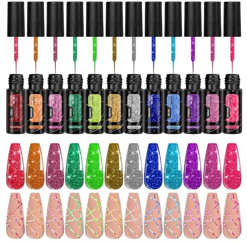 Glitter Gel Nagellack Reflekterande Långvarigt Gel Manikyr Liner Kit Design | 12 Färger Nagel Emalj Liner Reflekterande Glitter Långvarig Konst Design Kit för Kvinnor Sommarfest Semester Sommarfes
