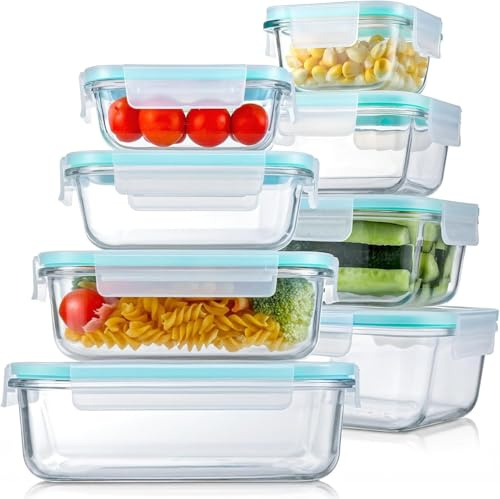 MHDCLY 8 Pack Glass Container Food Storage, Meal Prep Containers with Lids, BPA Free and FDA Approved, Boite A Lunch, Airtight Glass Bento Boxes with Leak Proof Locking Lids, for Freeze