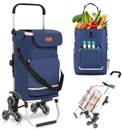 Sekey XXL Einkaufstrolley Treppensteiger mit 3 Rädern, Einkaufswagen | für Camping und Einkäufe mit Höhenverstellbarem Griff, Aluminium 3-in-1 Trolley, Inklusive Kühlfach und Getränkefach, Blau