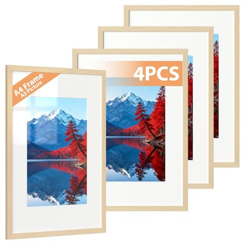 Alyvisun 4 Pack A4 Frame, A4 Picture Frames Display Pictures 14x20 cm with Mat or 19.7x29.3 cm Without Mat, Photo Frame Horizontal and Vertical Formats for Wall Hanging or Tabletop, Wood Tone