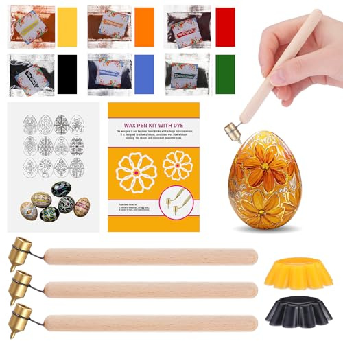 AmazingSpark 12 Pcs Ukrainian Easter Egg Decorating Kit Include 3 Kistka Pens 0.3-0.5 mm 2 Beeswax 6 Dyes 1 Instruction Pysanky Ukrainian Art Set for Easter Egg DIY Craft