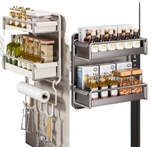 KJBDQQH Magnetiska kylskåpshyllor magnetisk kylskåpsorganisatör sida utdragbar förvaringsställ för kök platsbesparande fästande filmdispenser smal mellanrum för kryddor (vit)