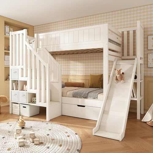Kebnor Kinder Etagenbett 90×200 cm mit Rutsche, Leiterschrank, große Schubladen & offenes Regal, Weiß, Lattenrost, EN747‑1:2024 Sicherheit, ideal für Familien mit Mehreren Kindern, ohne Matratze