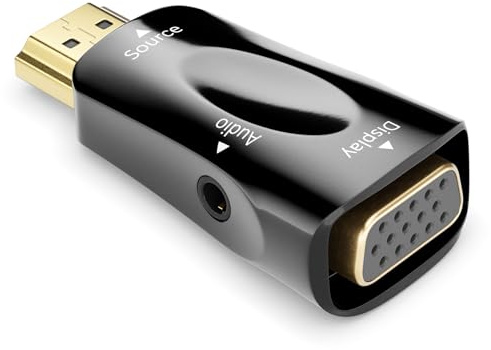 deleyCON Adattatore Convertitore HDMI (Sorgente) a VGA (Display) - 1080p Full HD - (per Monitor/Beamer/Proiettore VGA) + Audio Jack 3.5mm - per PC/Computer/Laptop a Monitor/Beamer - Nero