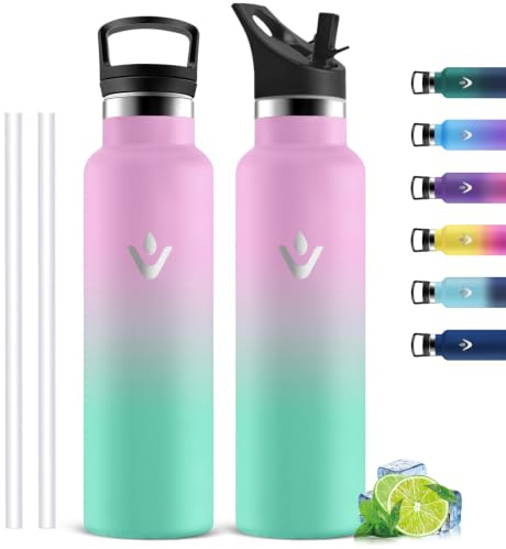 Botella Agua Acero Inoxidable, Botella Termica 1 litro con Pajita, con 2 Tapones, Botellas Agua Gimnasio, A Prueba de Fugas, Cantimplora Termica sin BPA para Oficina, Cámping, Bicicleta