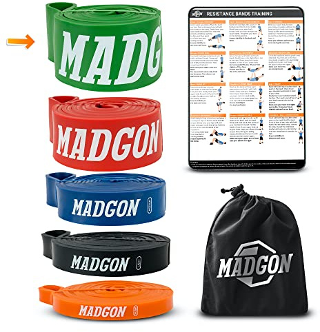 MADGON Resistance Bänder (als Einzelband in 5 Stärken oder im Set). Reißfeste & haltbare Trainingsbänder mit Beutel und PDF Guide. Widerstandsbänder für alle Muskelgruppen. Fitness Band Loop