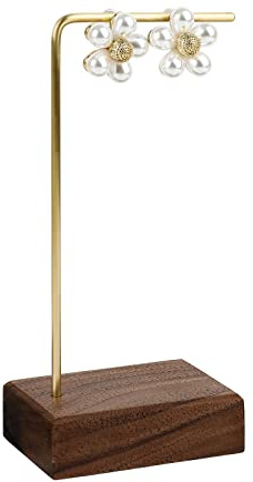 GemeShou brass earring display stands for selling, wooden ear ring holders for jewelry, single stud holder jewelry display【Walnut brass earring stand Height 5.31】