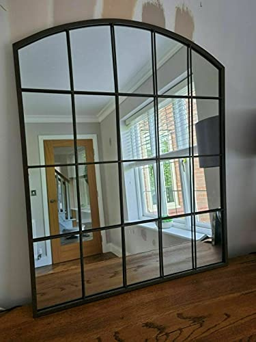 Large Rectangle Arch Window Mirror Durable Metal Frame indoor outdoor Wall Mounted Window Style Metal Wall Mirror Home 76x90cm (BLACK)