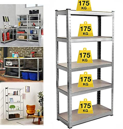 Estantes de garaje, estante de carga pesada de 5 niveles, 180 x 90 x 40 cm, capacidad 875 kg (175 kg/nivel), tablas ajustables, marco de acero reforzado, garantía de 5 años (plata)