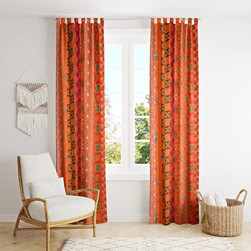 THE ART BOX Orange Silk Sari Curtains, Boho Patchwork, 42x84, 2 Panels