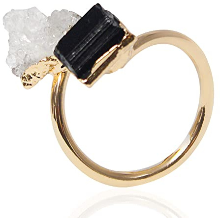 LODMLOER Kristall Schwarzer Turmalin Offener Ring - Goldener Unregelmäßiger Handgefertigter Rohstein Fingerschmuck Verstellbarer Steinbesetzter Ring Für Party-Hochzeitsschmuck