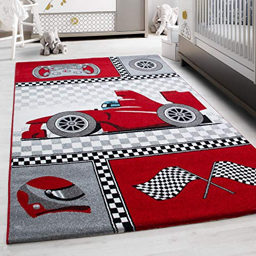 Teppium Kinderteppich für Jungen und Mädchen Rennwagen Muster 120 cm Rund Rot - Kurzflor Waschbarer Teppich Extra Weich und Antiallergen - Teppich für Kinderzimmer, Babyzimmer und Spielzimmer