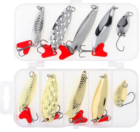 OriGlam 10 señuelos de pesca de metal, cuchara de metal, cebos duros, cuchara de pesca, cucharas de cebo giratorio para agua salada, trucha, lubina, salmón