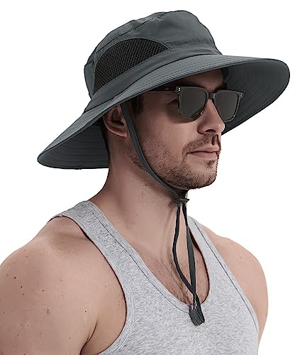 Wmcaps Sun Hats, Wide Brim UPF 50+ Sun Hats for Men Summer Beach Safari Hat UV Protection, Foldable Fishsing Walking Hiking Boonie Hat with Breathable Mesh and Adjustable Chin Strap (Dark Grey)