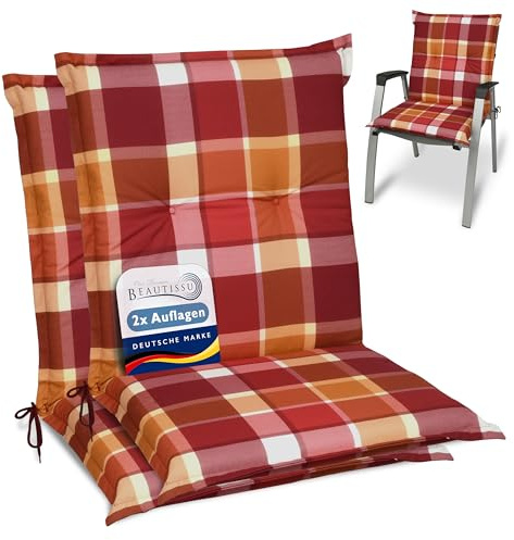 Beautissu 2er Set Niedriglehner Auflagen für Gartenstühle Polster kariert | 100x50cm Rot bequeme Gartenstuhl Stuhlkissen Polsterauflagen UV-Lichtecht Gartenstuhlauflagen Sunny RO