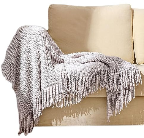 Zoomlie Strickdecke mit Fransen, Überwurfdecke, weich, bequem, leicht, für vier Jahreszeiten, für Bett, Couch, Sessel, Büro (hellgrau, 130 x 220 cm)