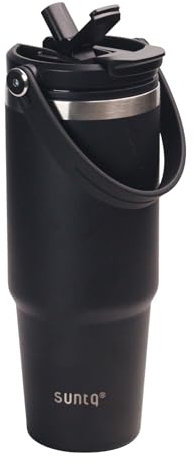 SUNTQ 30oz Tumbler with Handle and Flip Straw, Stainless Steel Insulated Tumblers with Leak Proof 2-in-1 Lid, Reusable Double Walled Water Bottle, Portable Coffee Travel Mug, Fit in Cup Holder(Black)