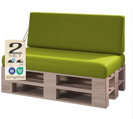 sunnypillow Palettenkissen Outdoor, wasserdicht, UV-lichtecht - 2er Set - Palettenauflage für Palettensofa für Haus und Garten - Palettenpolster für Palettenmöbel - Rückenkissen & Sitzkissen Grün