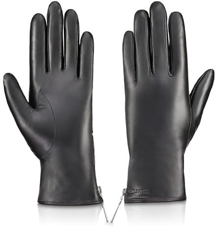 BETLEWSKI - Damen Handschuhe aus Schafsleder gefüttert - Warme Lederhandschuhe für Damen in Schwarz mit Reißverschluss - klassische Winterhandschuhe mit weichem Innenfutter Modell- Black Rose - S