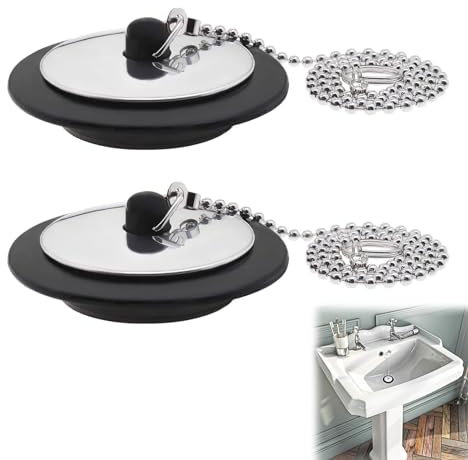 2 PCS Bath Plug Replacement, Universal Bathroom Sink Plug, Bathroom Accessory, Kitchen Sink Plug with 45cm Stainless Steel Chain and Hanging Ring for Bathtub(Size 1.65in to 1.77in, Chain 16.5in)