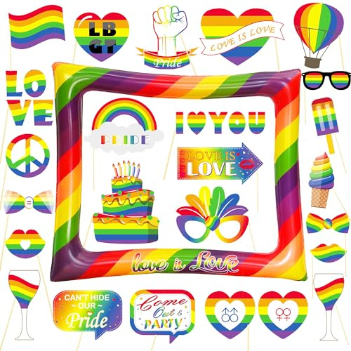 LMSHOWOWO Gay Pride Decorations, 26 PCS Rainbow Photo Booth Props, LGBT Inflatable Photo Booth Frame, Gay Selfie Frame for Pride Month Parade Street Bar Party Fancy Dress Pride Accessories
