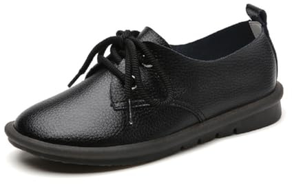 Mocasines Casual para Mujer de Cuero, Zapatos Plano con Cordones, Zapatos Transpirables Cómodo y Suela Suave, Talla 35-44(Negro-35)