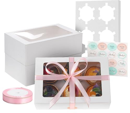 Coolty 15 Stück Fold-Free Cupcake Boxen 6 Loch Kleine Kuchenboxen mit Fenster und Einsatz Bäckerei Gebäck Geschenkverpackungen Boxen für Muffins Cupcakes Kleine Kuchen Desserts Cookies Torten (Weiß)