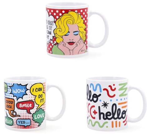 Quid Set de 3 mugs Comic de cerámica 33 cl | Blanco, Cerámica, con asa, acabado decorado, 33 cl, 3 piezas, apto para microondas