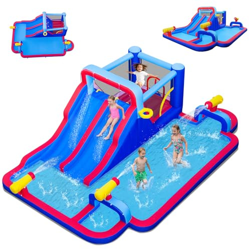 COSTWAY 9 en 1 Château Gonflable avec Doubles Toboggans Aquatiques & Piscine, Aire de Jeux Gonflable avec Zone de Saut & 3 Canons à Eau, Charge 90kg pour 2 Enfants de 3-12 Ans