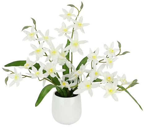 Kunstblume Orchidee Dendrobium 38cm mit Blätter im Übertopf Künstliche Blume Kunstorchidee künstliche Phalaenopsis wie echt Orchideenzweige Kunstpflanze Pflanze Hochzeit Deko Seidenblume Blüte, weiß