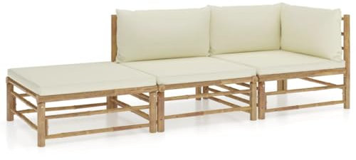 KATERYY 3-TLG. Garten-Lounge-Set mit Cremeweißen Kissen Bambus,BambusLoungeSet für Garten und Terrasse Entspannung und Komfort in modularem Design