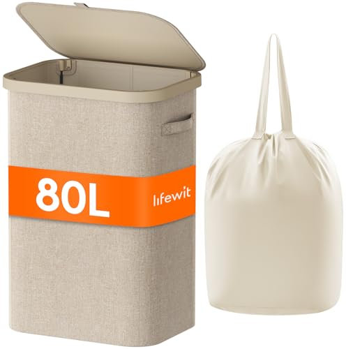 Lifewit 85L Laundry Basket with Lid, Large Laundry Hamper with Plastic Handles and Removable Bag, Foldable Tall Dirty Clothes Hampers for Laundry for Laundry Room, Bedroom, Bathroom, Dorm, Beige