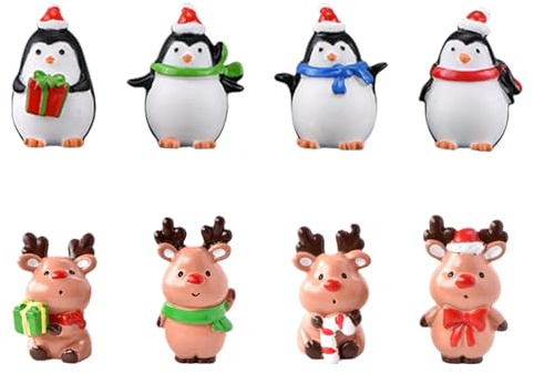 Symphonyw Weihnachten Miniatur Ornamente, 8 Stück Cartoon Pinguin Elch Puppenhaus Figur Weihnachten Micro Landschaft Ornament für Home Garden Party Decor Desktop Dekoration (elch Pinguin)