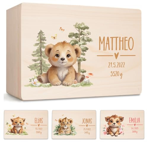 Little Deco Erinnerungsbox Baby Holzkiste mit Waldtieren | M - 30 x 20 x 13 cm | personalisiert mit Namen Geburt & Taufe für Mädchen und Jungen XHL1010-01M