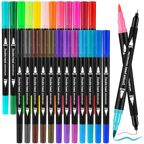 Zeawavsl Dual Brush Pen Set, 24 Farben Pinselstifte Mit Zwei Spitzen, Filzstifte Dicke Und DüNne, FüR Bullet Journal, Handlettering, Kalligraphie Manga Tinte Auf Wasserbasis Doppelfasermaler (24)