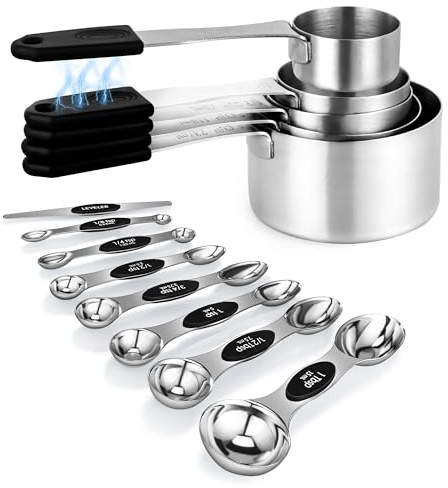 YC Kitchen Magnetic Measuring Cups and Spoons, Stainless Steel, Stackable | 5 Nesting Measuring Cup and 8 Double-Sided Measuring Spoon with Leveler, Dishwasher Safe Measuring Set for Cooking and Baking