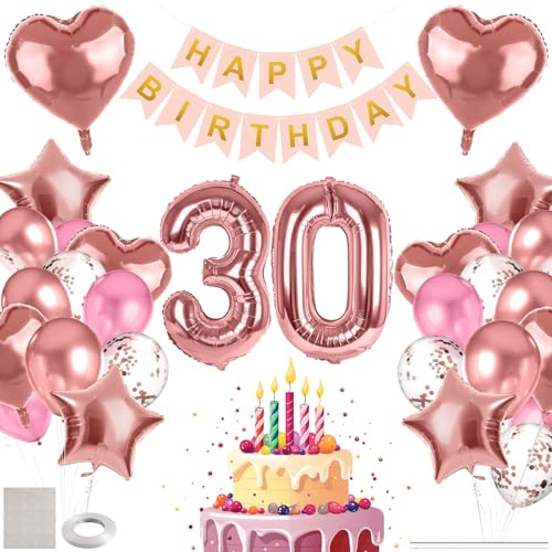 MIEWAA Deko 30. Geburtstag Frauen, 30er Geburtstag Luftballons Frau, Geburtstagsdeko 30 Jahre mit Happy Birthday Banner, Groß Zahl 30 Folienballon, Herz Stern Folienballon, Latex Konfetti Ballon Rosa
