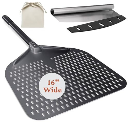 Aluminum Perforated Pizza Peel 16 Inch with 14 Pizza Cutter Rocker Blade | Non Stick, Easy Slide for Baking, Outdoor & Indoor Use