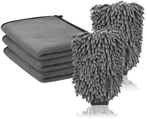 Behiruch Kit Pulizia Auto - 3 Pezzi Panno Microfibra e 2 Pezzi Guanto Lavaggio Auto, Super Assorbenti, Morbido e Confortevole, Senza Graffi, per Mobili, Campeggio