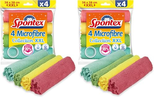 Spontex Mikrofaser-Kollektion XXL – 4 XXL-Mikrofasern – vielseitig einsetzbar – 38 x 36 cm – effektiv nur mit Wasser – entfernt 99% der Bakterien (Packung mit 2)