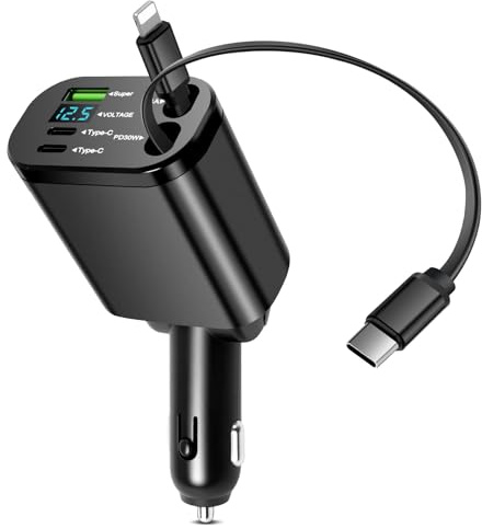 Autoladekabel USB C 70W, 5-in-1 Ladekabel Auto, USB C Auto Ladegerät mit Lightnning & PD 30W Type-C Einziehbares Ladekabel kompatibel mit iPhone 16/15/14/13, Galaxy S25/S24/S23, iPad
