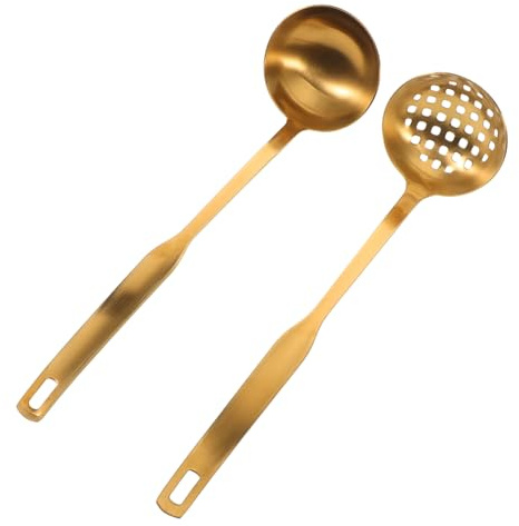 FIXOSHEE 2 Piezas Cucharones de Sopa y Espumadera Inoxidable Dorado Utensilios de Cocina Resistentes Multifuncionales para Colar Servir y Cocinar Diseño Pulido Fácil de Limpiar