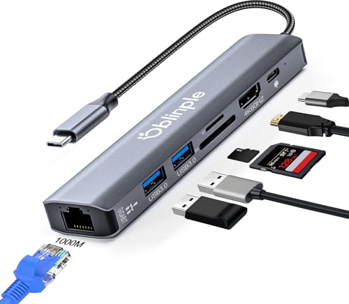 Oblinple 7 in 1 USB C Hub Gigabit Ethernet Adapter-4K@60Hz HDMI | LAN RJ45 PD100W 2*USB 3.0 SD/TF Kartenleser USBC Hub für MacBook Pro/Air iPhone 16/17 iPad Pro Samsung